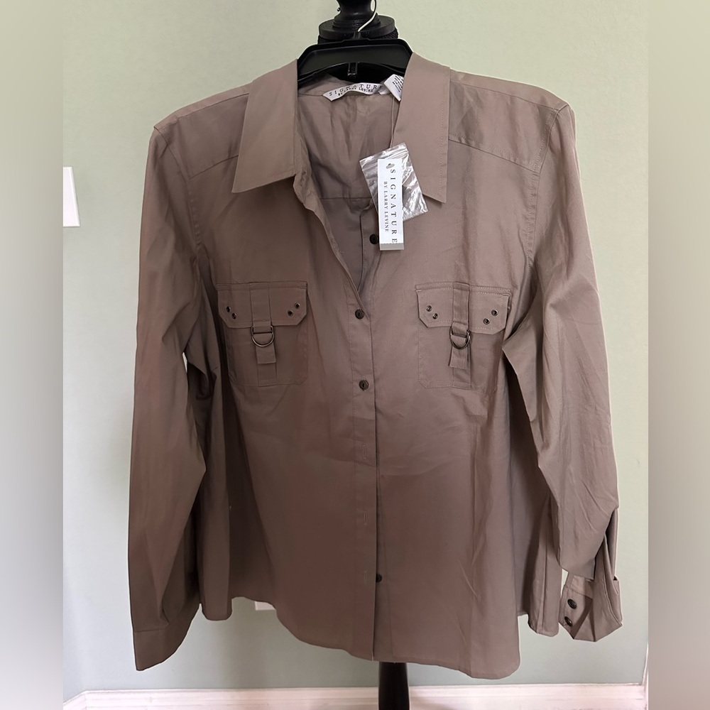 Larry‎ Levine Cotton/polyester Blend Casual Button Tab Sleeve Top Blouse Sz XL